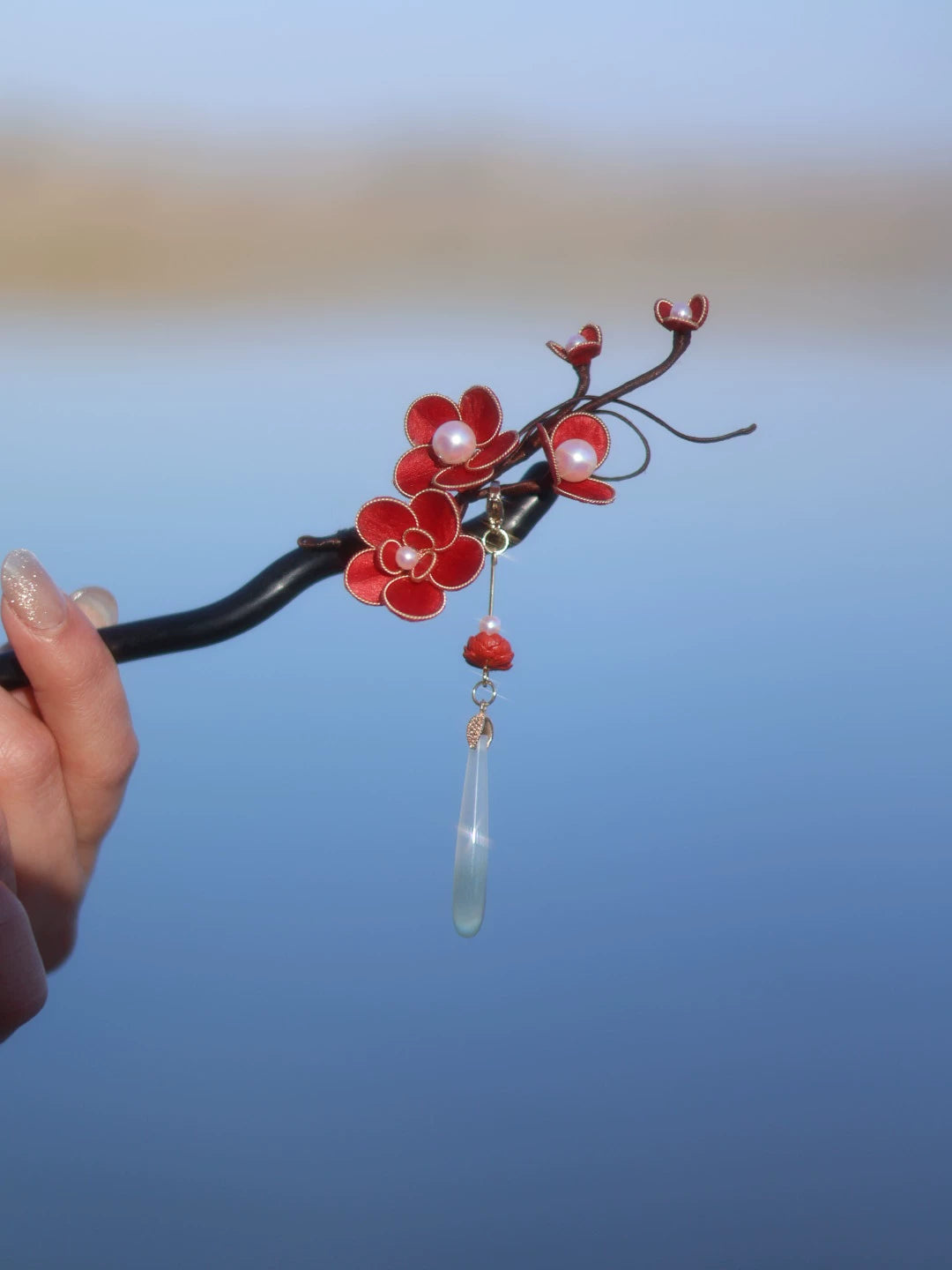 Red Plum Blossom Hairpin | Sandalwood Handmade Chinese Hair Accessory for Hanfu & Qipao