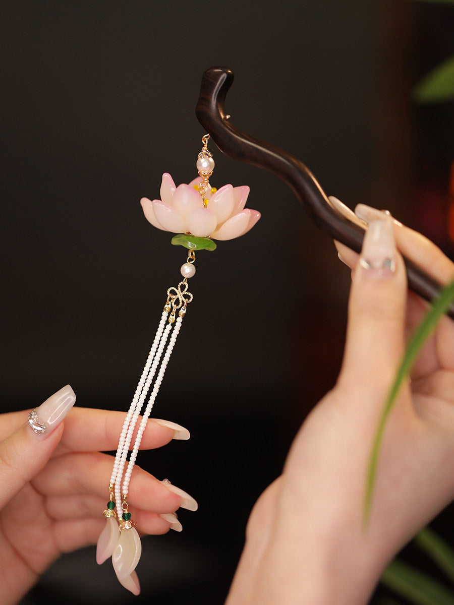Black Ebony Lotus Long Tassel Hairpin – New Chinese Style Hanfu Hair Accessory