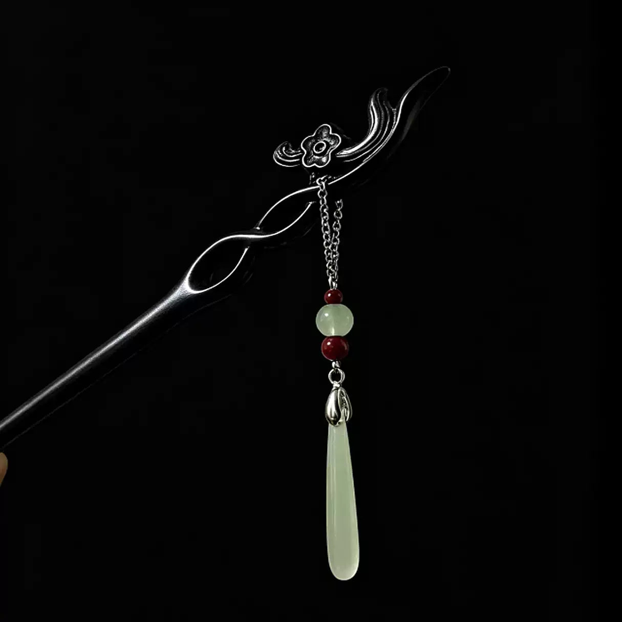 Traditional Chinese Plum Blossom Hairpin – Ebony Wood Hair Stick with Jade Teardrop for Hanfu