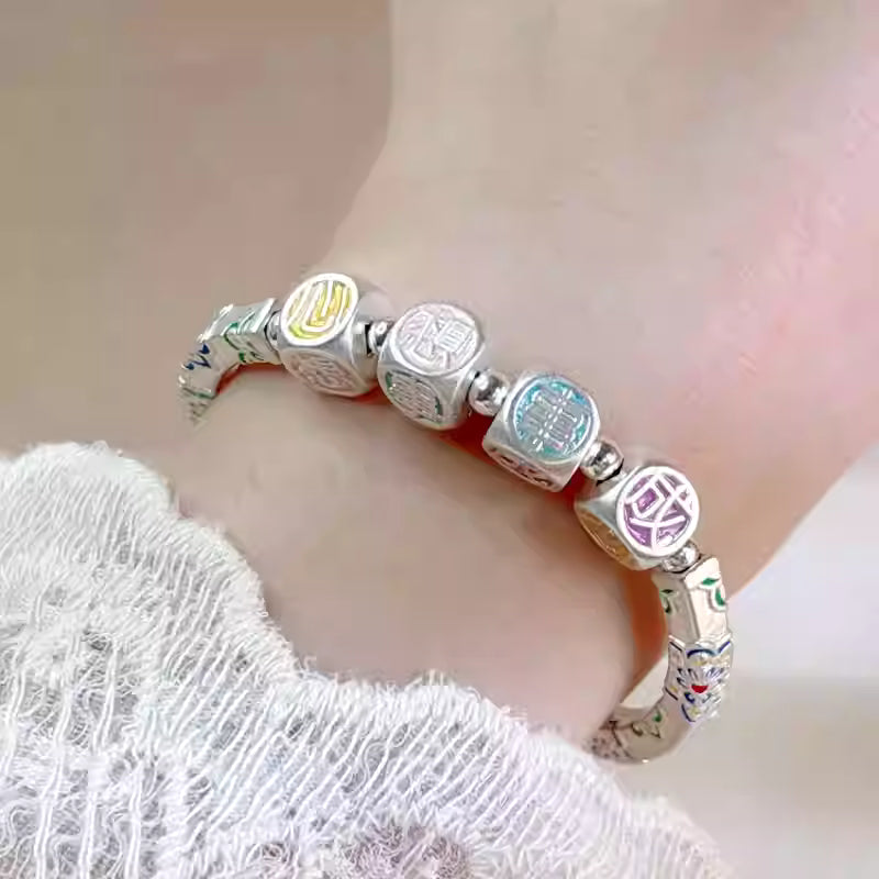 999 Pure Silver Enamel Flower Bracelet – Adjustable Curved Tube Hand Chain for Women | Wish Fulfillment Jewelry