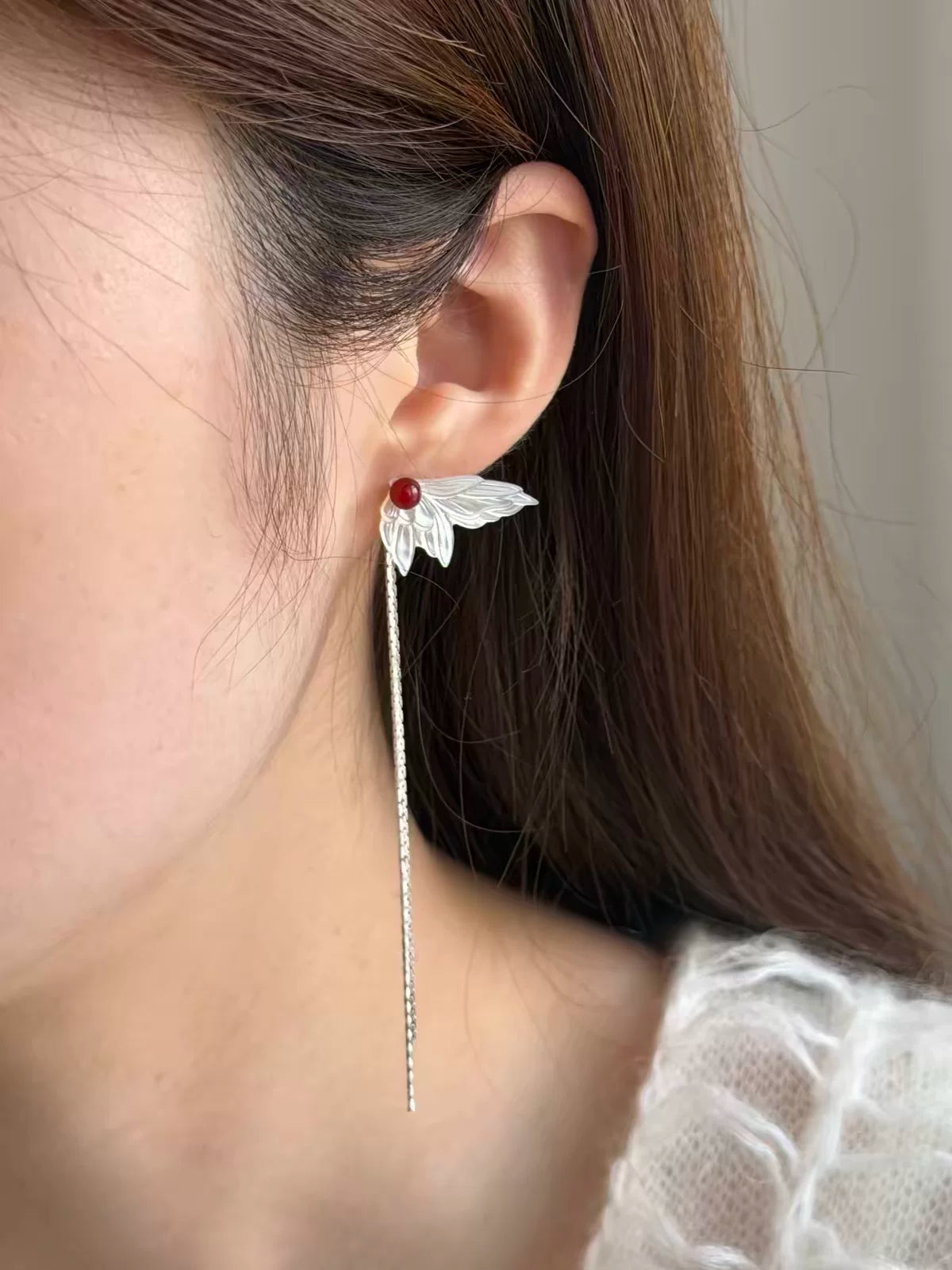 White Mother-of-Pearl Butterfly Wing Tassel Earrings