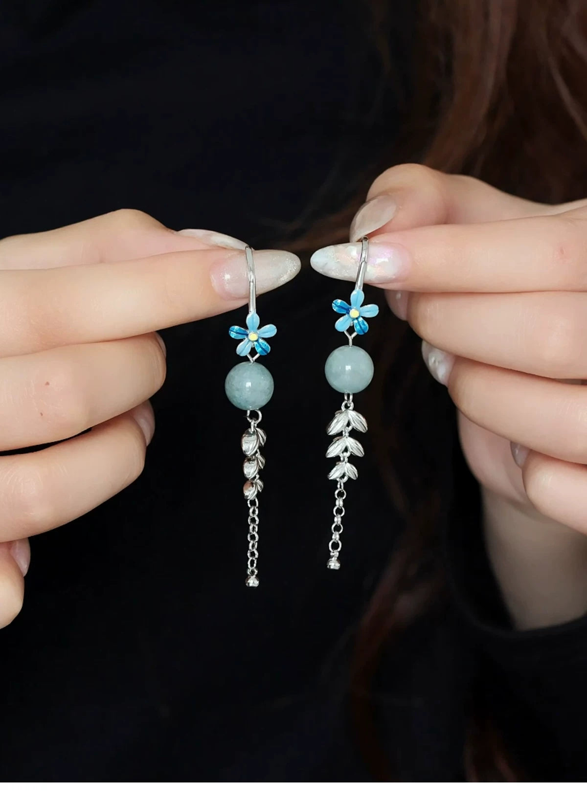 Cloisonné Flower Earrings with Jade Beads and Wheat Tassels – New Chinese Style