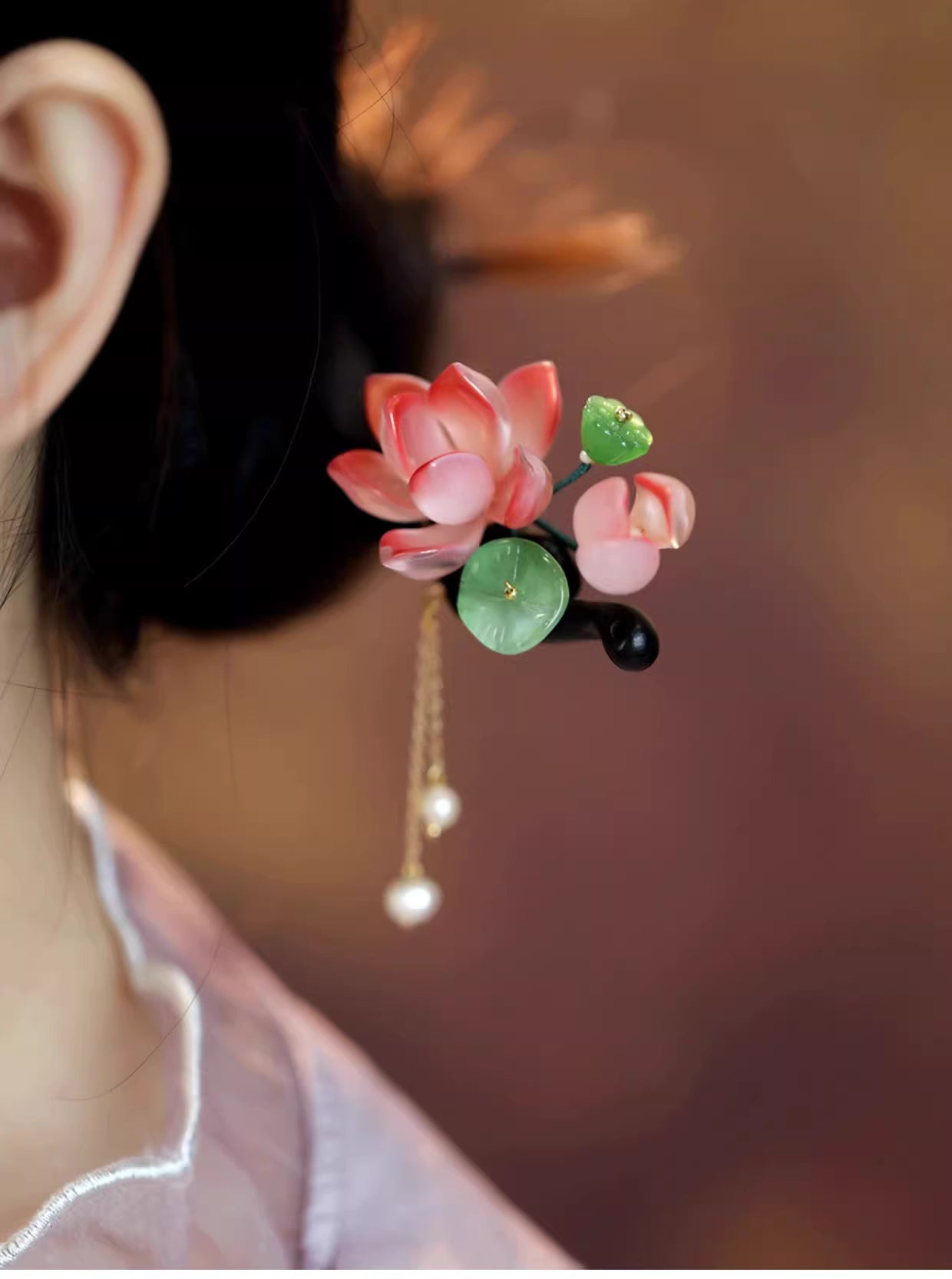 Bubu Sheng Lian Glass Lotus Tassel Ebony Hairpin – Hanfu & Cheongsam Hair Accessory