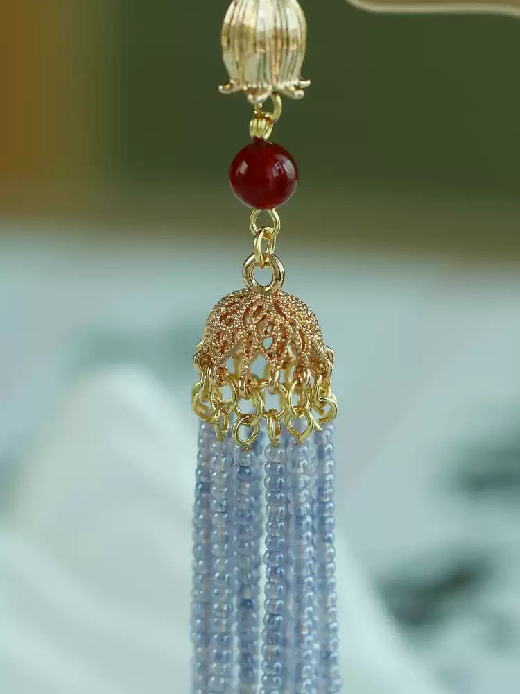 Tassel Hairpin Stick | Gold-Plated Copper Chinese Hair Accessory with Turquoise, Agate & Pearl
