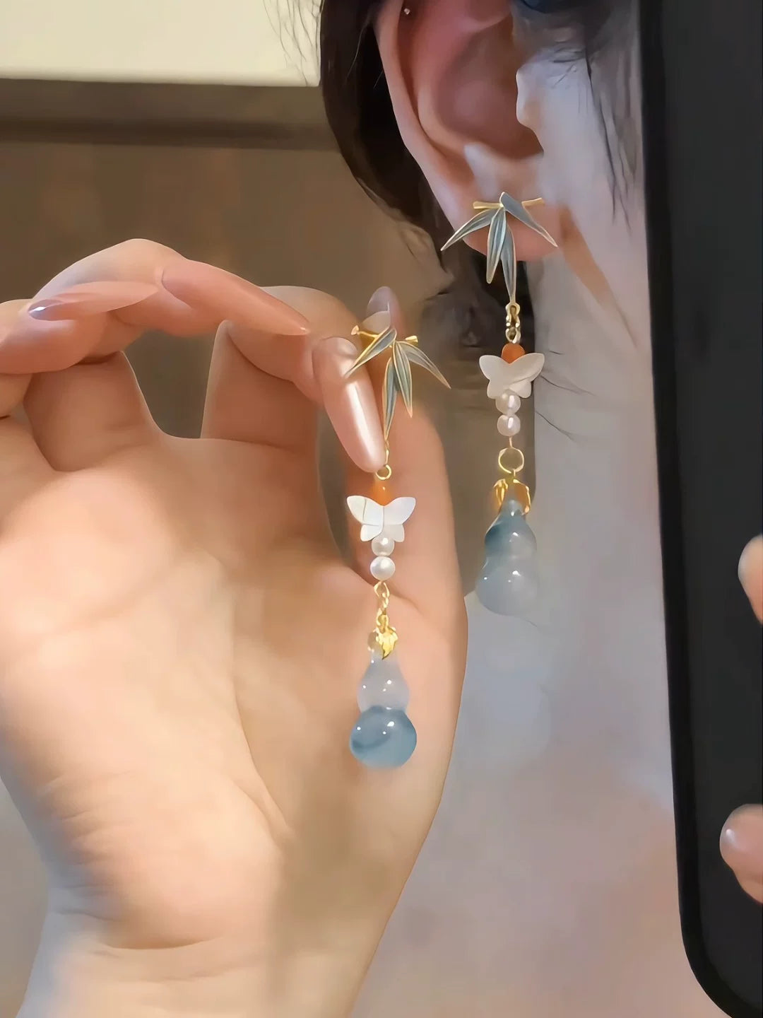 Mother-of-Pearl Butterfly & Blue Gourd Tassel Earrings – Elegant Handcrafted Statement Earrings for Women