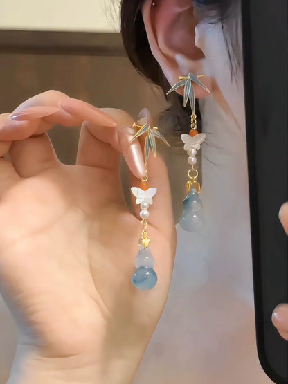 Mother-of-Pearl Butterfly & Blue Gourd Tassel Earrings – Elegant Handcrafted Statement Earrings for Women