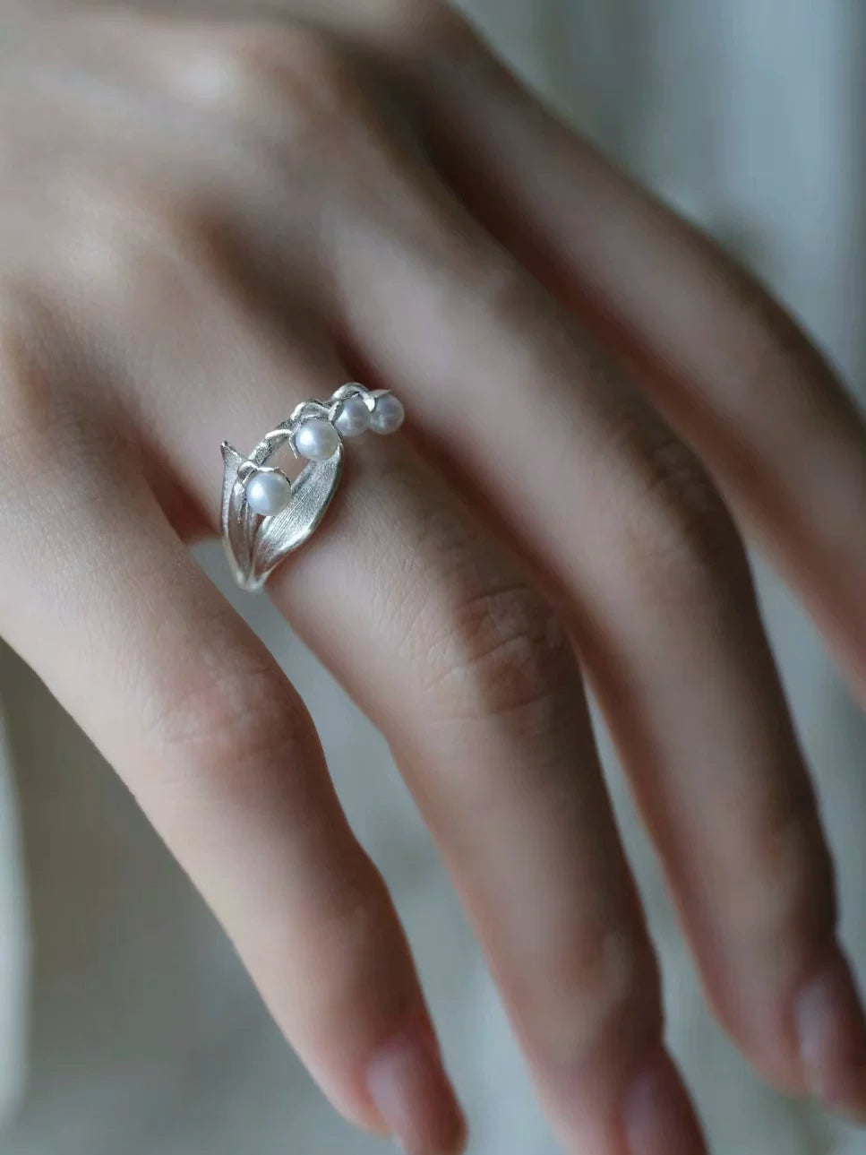 Lily of the Valley Pearl Open Ring – Minimalist S925 Silver Plated Floral Ring