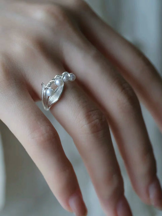 Lily of the Valley Pearl Open Ring – Minimalist S925 Silver Plated Floral Ring