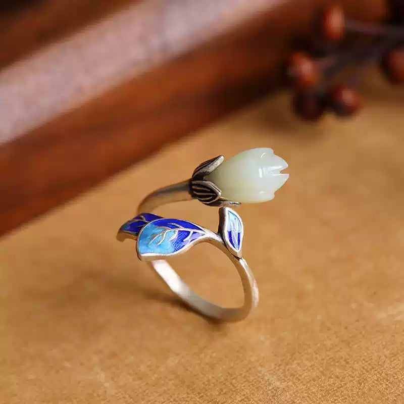 Handcrafted Magnolia Blossom Ring in 925 Sterling Silver  Hetian Jade – Vintage Chinese Cloisonné Enamel Adjustable Ring