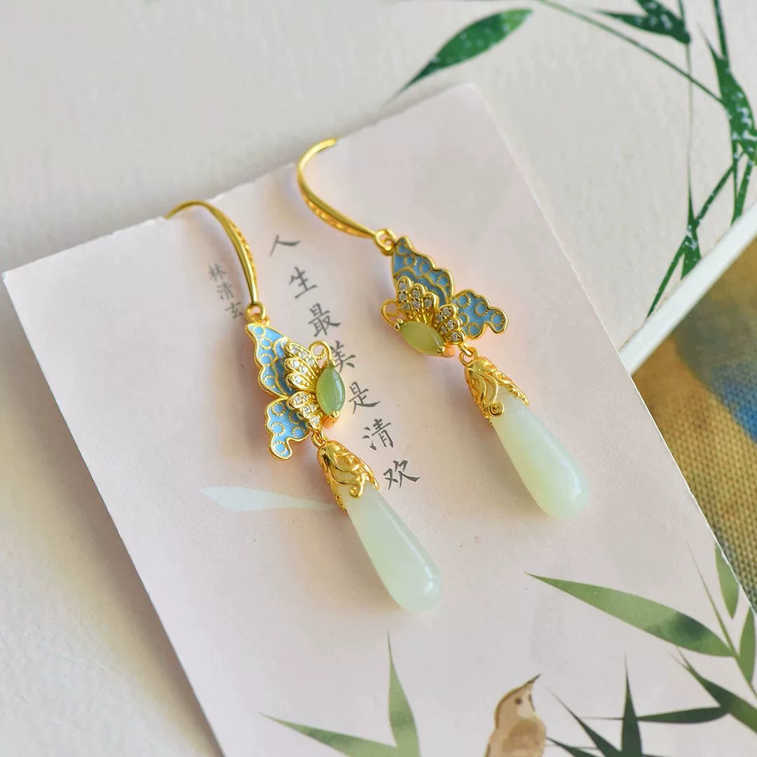 925 Sterling Silver Blue Enamel Butterfly &amp; Hetian Jade Drop Earrings