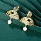 New Chinese Style Folding Fan Earrings – Faux Pearl Luxury Bridal Drop Earrings for Women