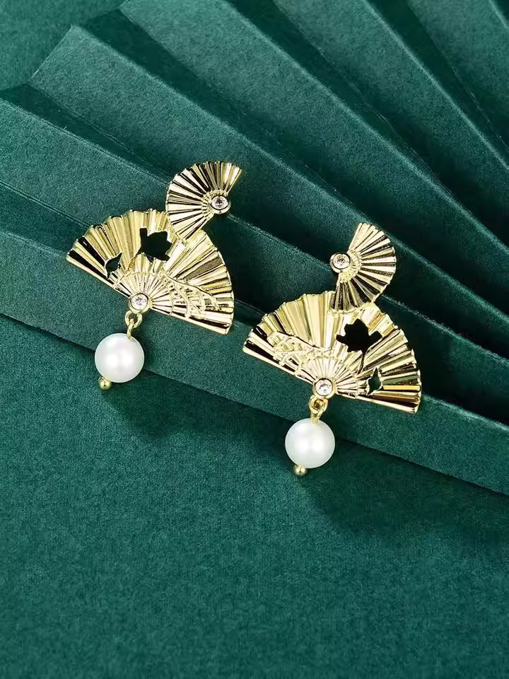 New Chinese Style Folding Fan Earrings – Faux Pearl Luxury Bridal Drop Earrings for Women