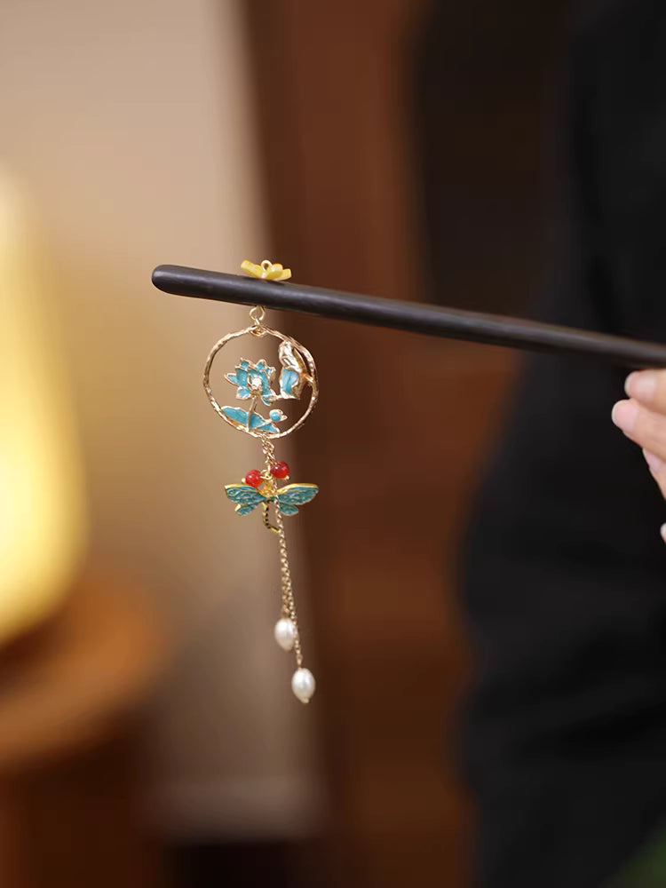 Chinese Style Ebony Wood Lotus Dragonfly Hairpin with Tassel – Peacock Blue Hanfu Hair Accessory for Women
