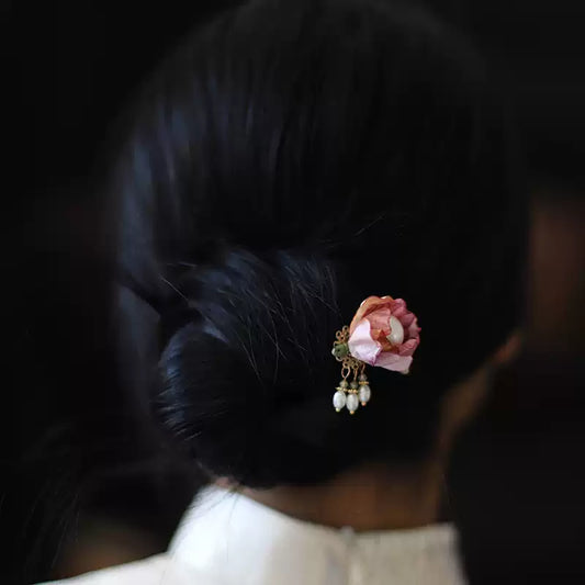 Handmade Silk Flower Pearl Tassel Chinese Hairpin - Traditional Hanfu Hair Accessory