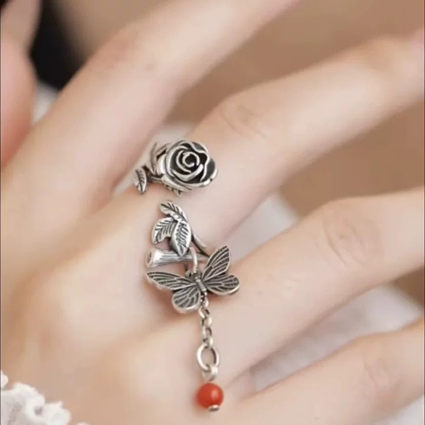 Rose Butterfly Tassel Ring – Vintage Chinese Adjustable Open Ring