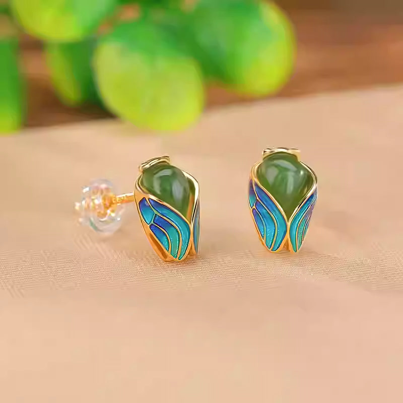 Luxury S925 Silver Cicada Stud Earrings with Hetian Jade and Enamel – Minimalist Gold & Silver Options, 11×7mm, 2g, Creative Chinese Design for Women