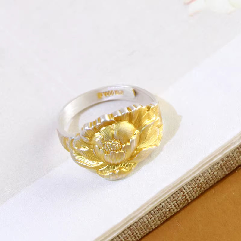 Peony Flower Ring for Women – Adjustable Open Band Elegant Floral Statement Ring | 999 Sterling Silver