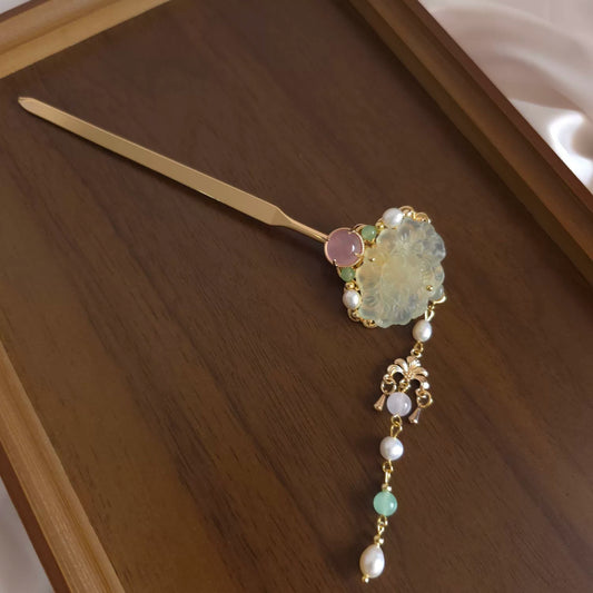 Traditional Chinese Hair Stick with Jade & Pearls | Handmade Hanfu & Qipao Hair Accessory