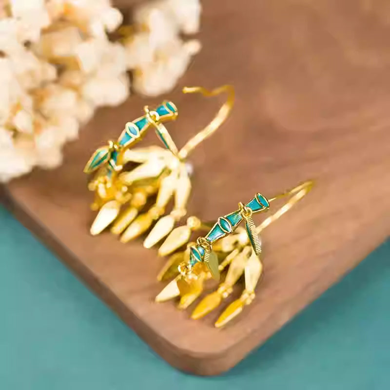 Original Gilded Cloisonné Enamel Tassel Earrings with Pearl and Bamboo Leaf Design