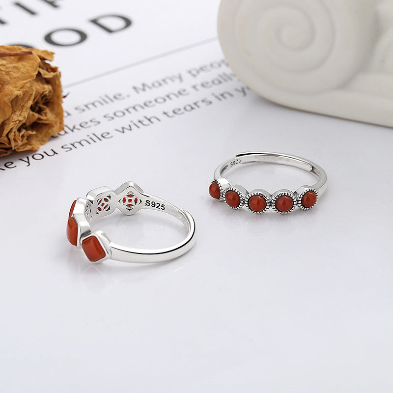 Elegant Five Nanhong Agate Beads Ring in 925 Sterling Silver