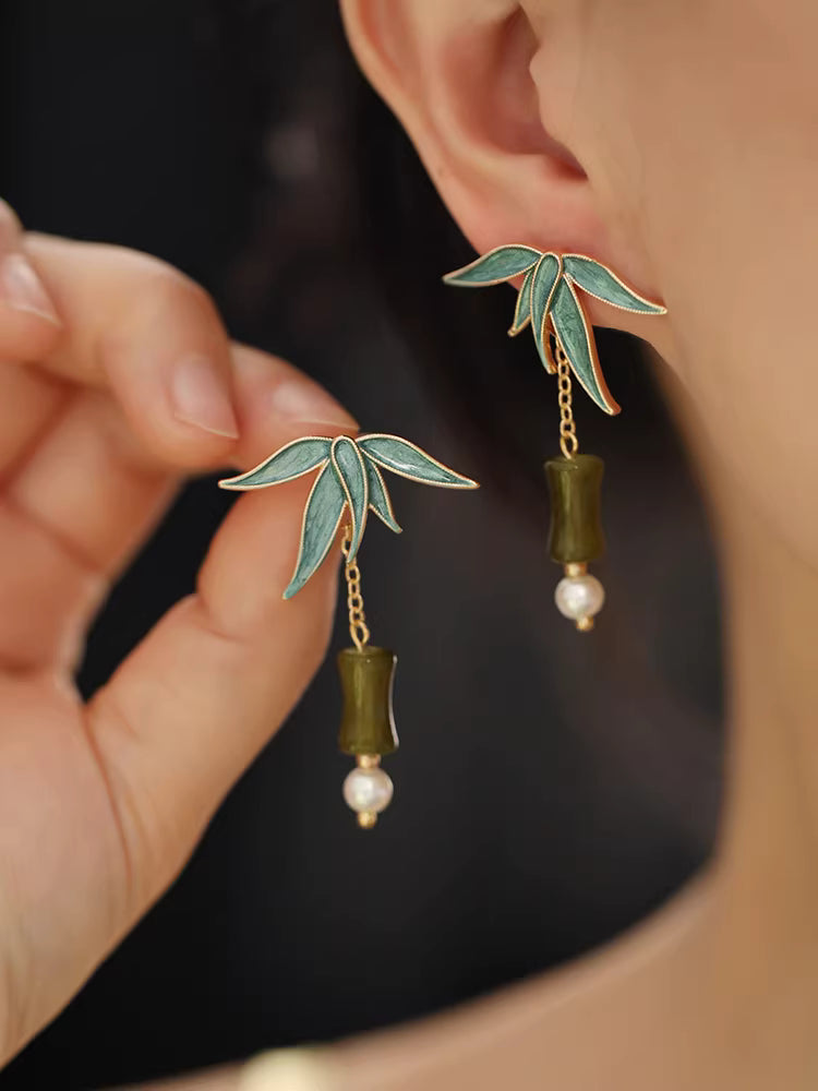 Chinese Bamboo Leaf Tassel Earrings – Vintage Oriental Bamboo Joint Earrings for Qipao