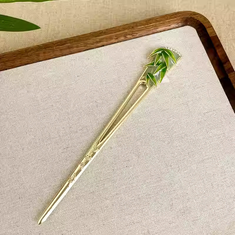 Chinese Bamboo Leaf Glazed Hairpin – Elegant Oriental Hair Stick for Women