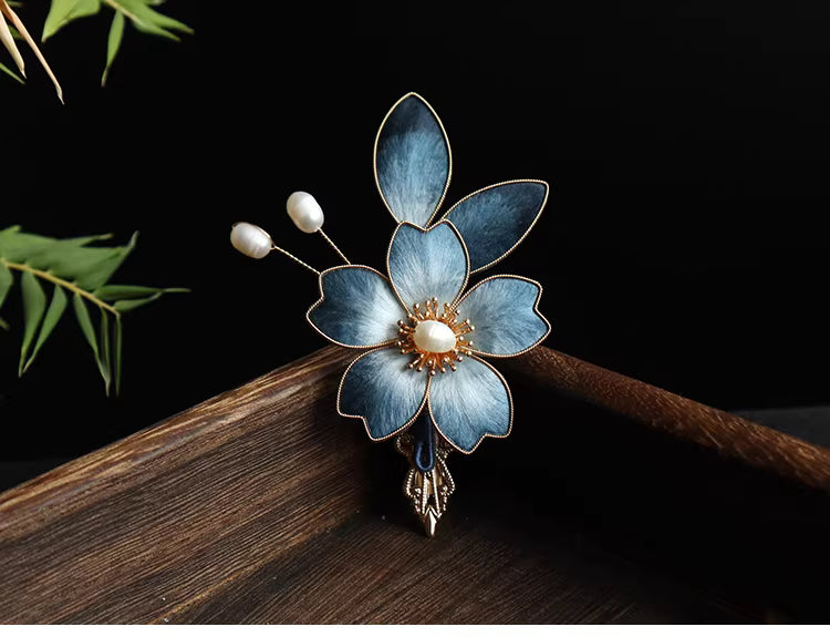 Handcrafted Blue & Purple Velvet Flower Side Hairpin | Chinese Hanfu & Qipao Hair Accessory, Alloy & Cloisonné Silk