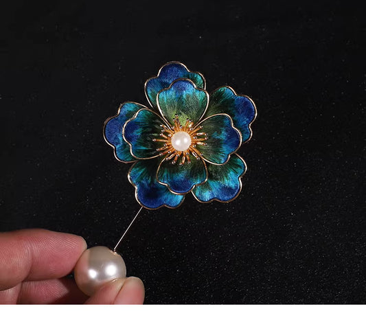 Handmade Peacock Blue Velvet Flower Pearl Brooch – Chinese Heritage Silk Floral Pin for Elegant Women