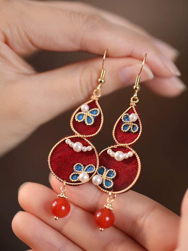 Elegant pearl embedded fabric gourd earrings retro Chinese aesthetic long drop earrings