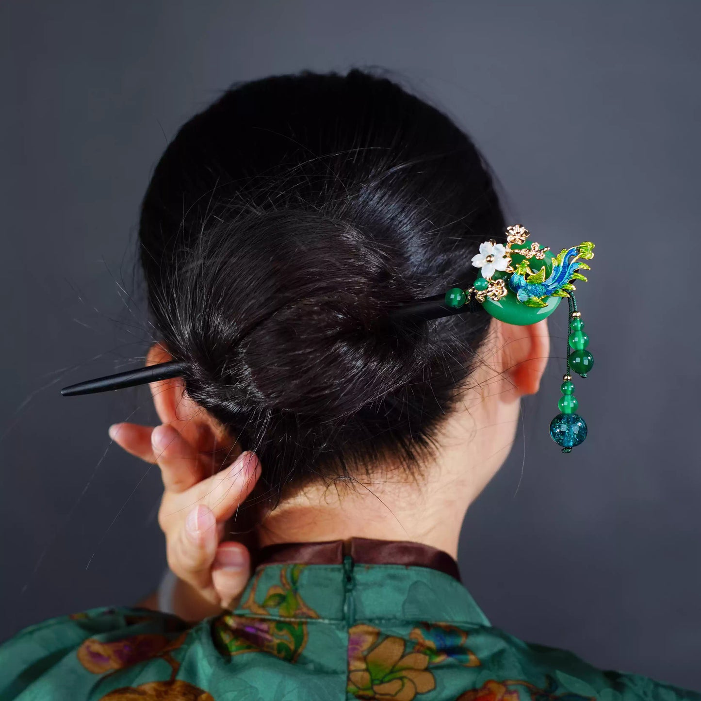 Elegant green and gold hairpin with cloisonné phoenix and stone plum blossom inlay