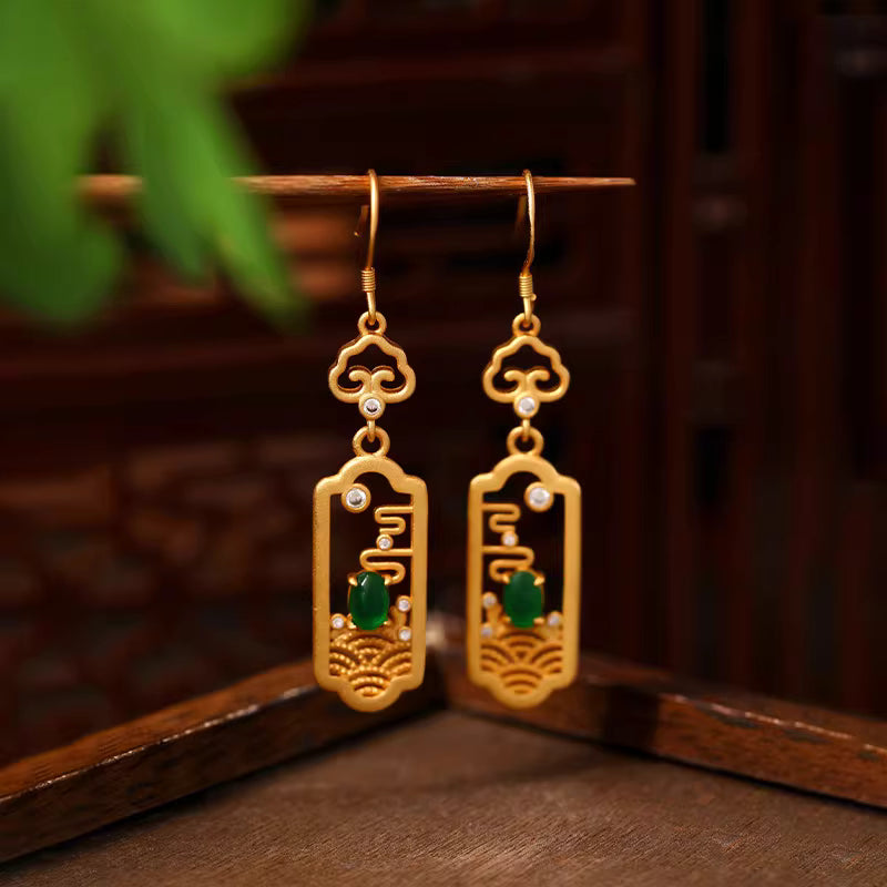 New Chinese Style Cloud & Green Jade Drop Earrings – 24K Gold-Plated 925 Silver, Elegant Oriental Design for Women