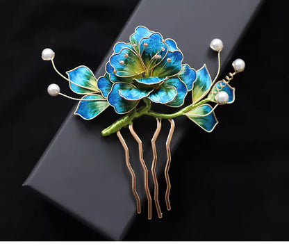 Handgefertigter Haarstecker mit Samtblume für Rückseite | Hanfu & Traditionelles Chinesisches Haaraccessoire, Legierung, Perle & Seide