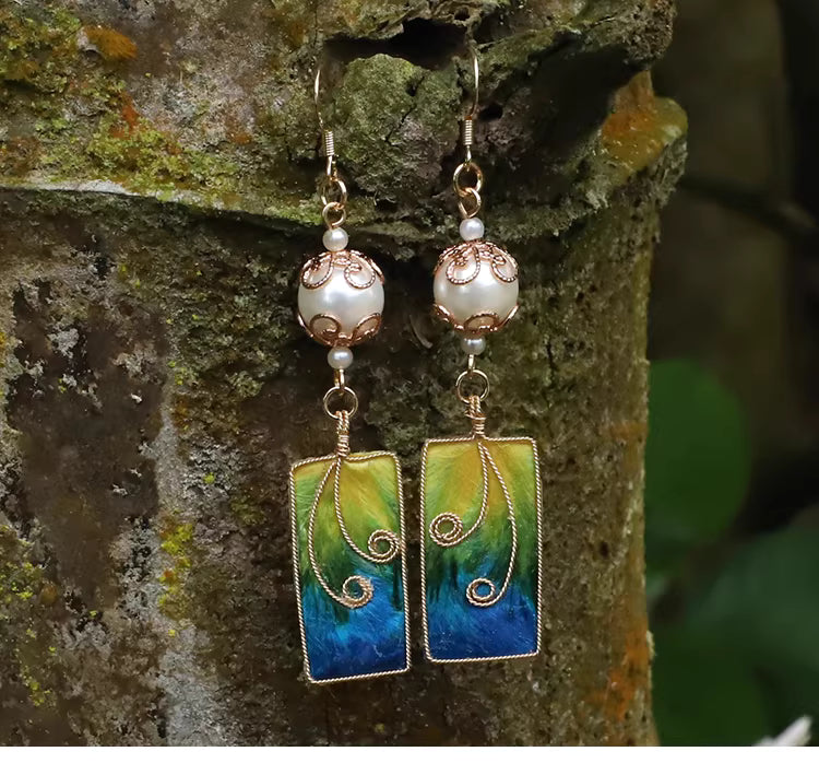 Handcrafted Peacock Blue Velvet Flower Pearl Earrings | Chinese Traditional Hanfu Style, Cloisonné Silk Art