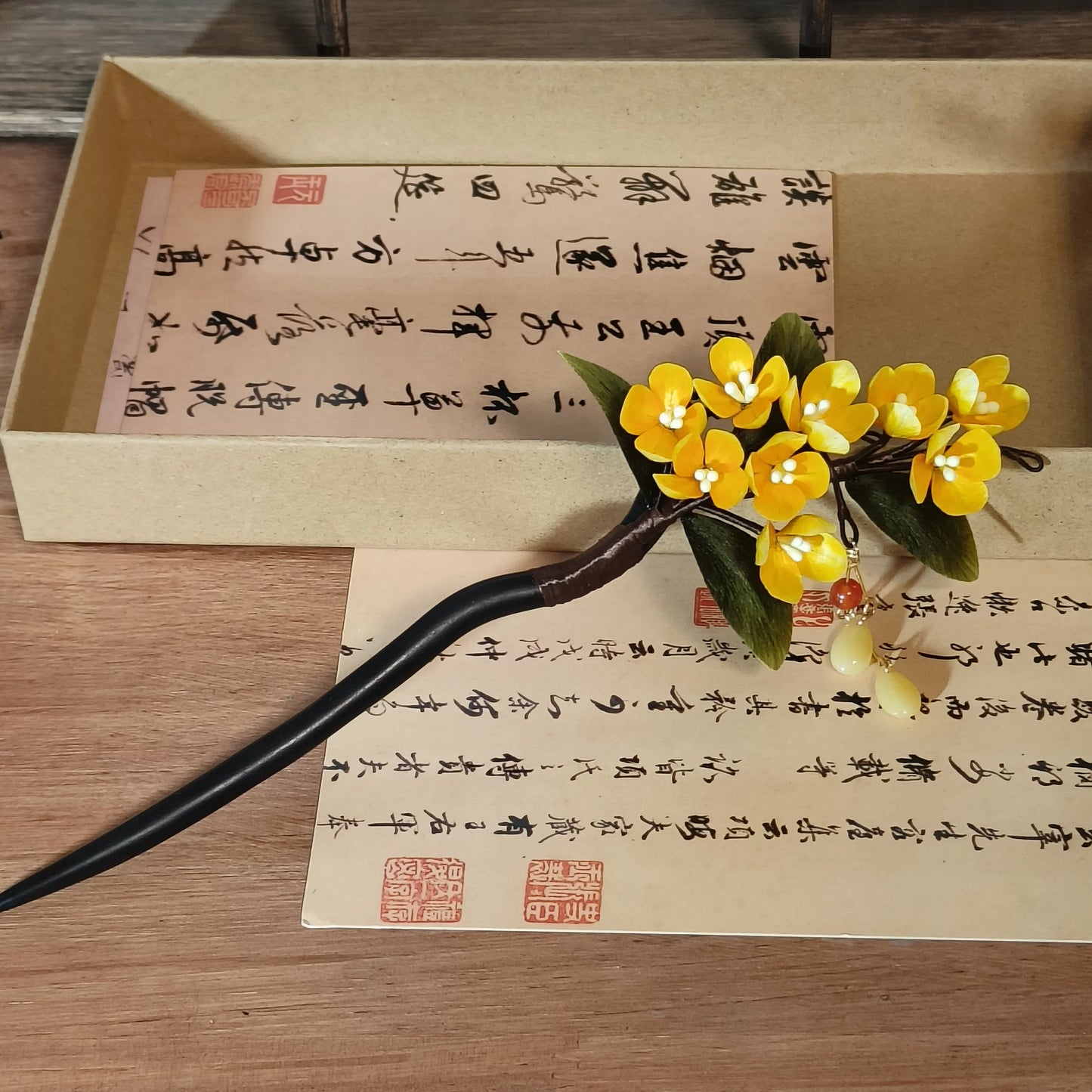 Osmanthus Hairpin | Silk Floral Hair Accessory with Sandalwood Stick for Hanfu & Qipao