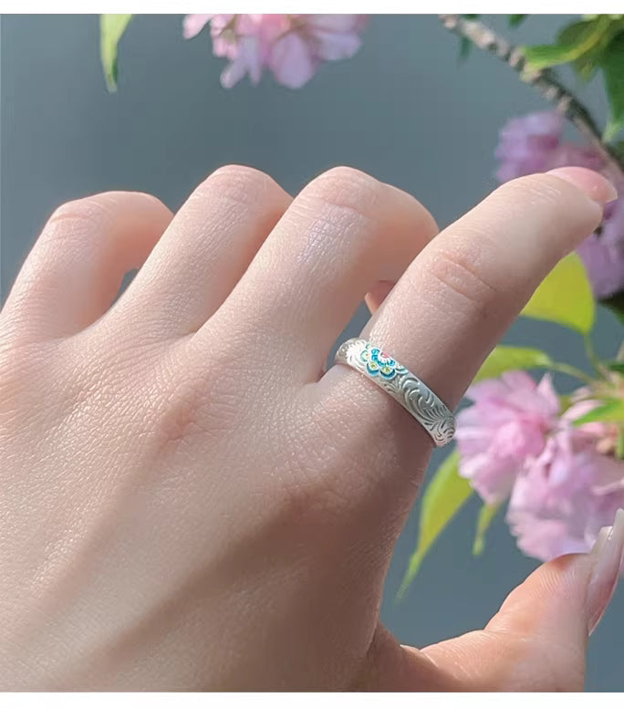 9999 Fine Silver Bao Xiang Enamel Ring – Chinese Tang Grass Pattern Adjustable Ring with Engraved Heart Sutra for Women