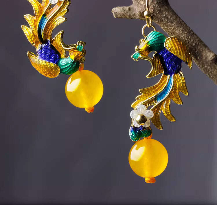 Vintage Yellow Cloisonné Phoenix Earrings – Elegant Hanfu &amp; Qipao Accessory