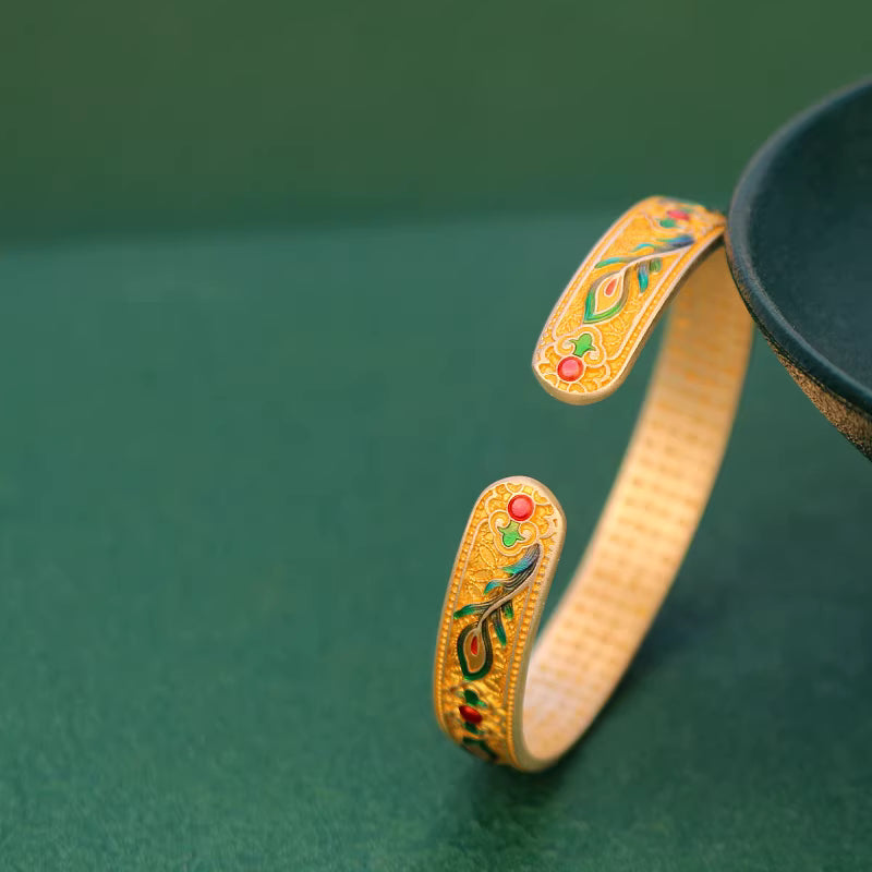 9999 Fine Silver Enamel Phoenix Feather Heart Sutra Bangle – Adjustable Solid Silver Bracelet for Women