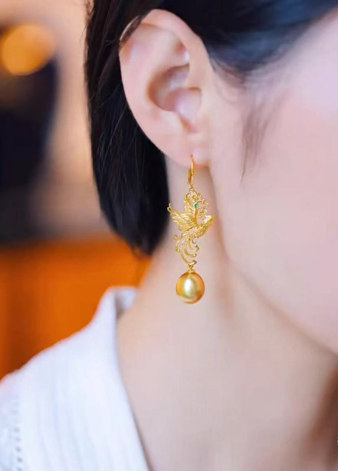 "Phoenix in Flight" New Chinese Style Gold Pearl Earrings – Luxury Zircon Drop Earrings for Women