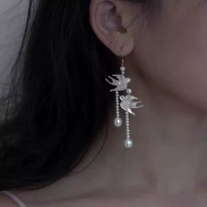 "Frühlingsbrief" Ohrringe mit Schwalbenquaste im neuen chinesischen Stil – Ohrhänger mit Kunstperlen und Muschelperlen für Damen