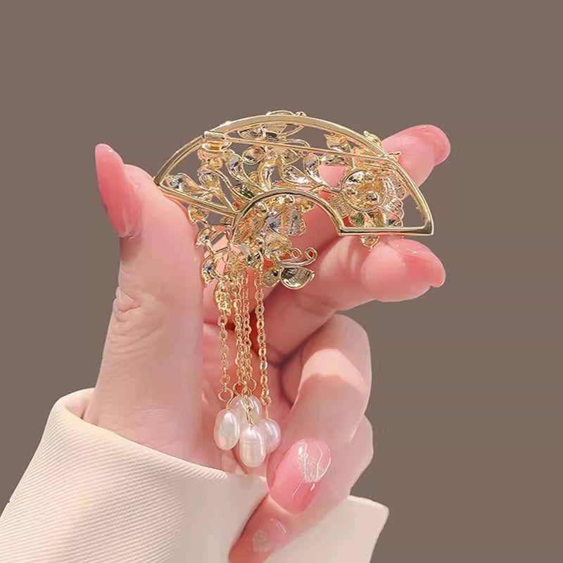Vintage Enamel Peony Pearl Tassel Brooch for Women – Adjustable Pink Qipao Accessory