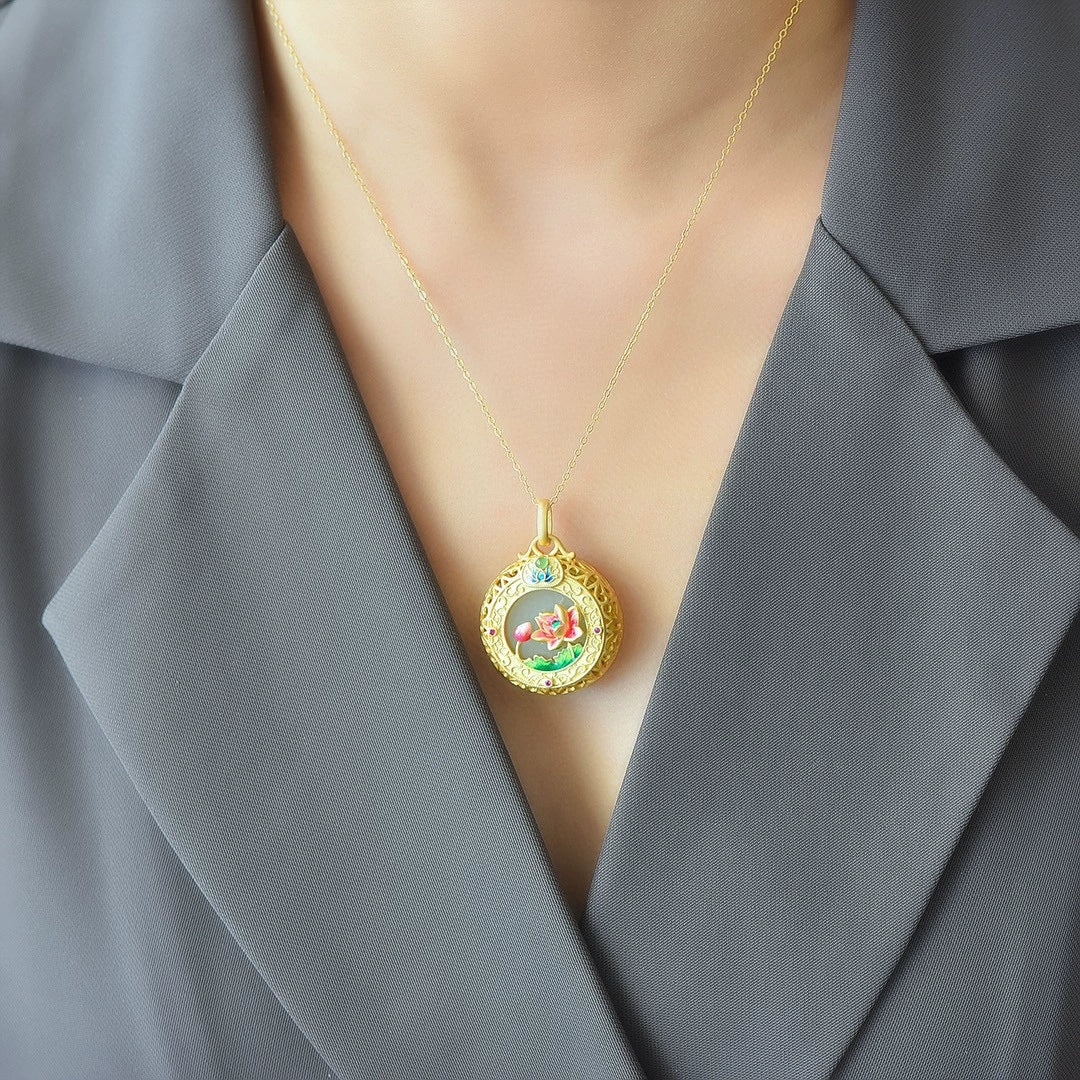 Lotus Pond Under Moonlight S925 Gold-Plated Silver Hetian Jade Enamel Openable Lotus Sachet Pendant Necklace for Women