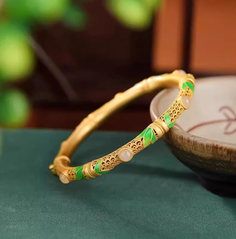 Vintage Gold Bamboo Pattern Bangle – 925 Silver Thick Gold-Plated Open Bracelet for Women