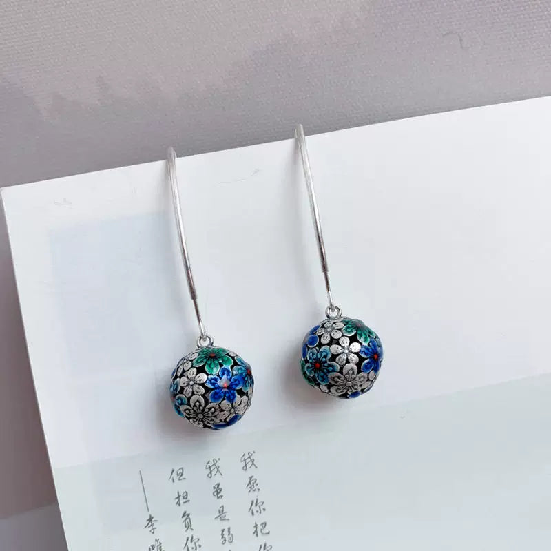 New Chinese Style Enamel Hydrangea Tassel Earrings | 925 Sterling Silver Vintage Floral Dangle Earrings