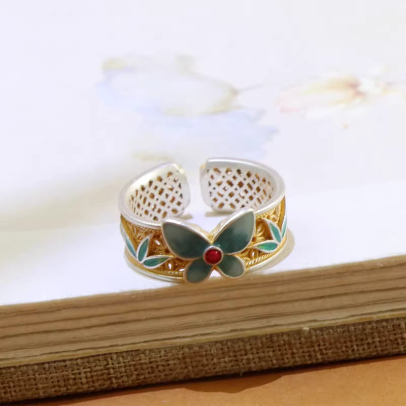 999 Sterling Silver Blue Enamel Butterfly Ring – Adjustable Bamboo Leaf Open Ring, Chinese Style Elegant Jewelry for Women