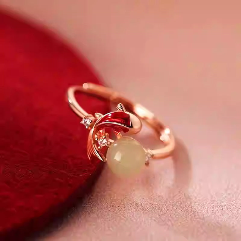 S925 Silver Hetian Jade Koi Fish Enamel Ring – Adjustable Lucky Index Ring for Women, Zodiac Year & Valentine’s Gift