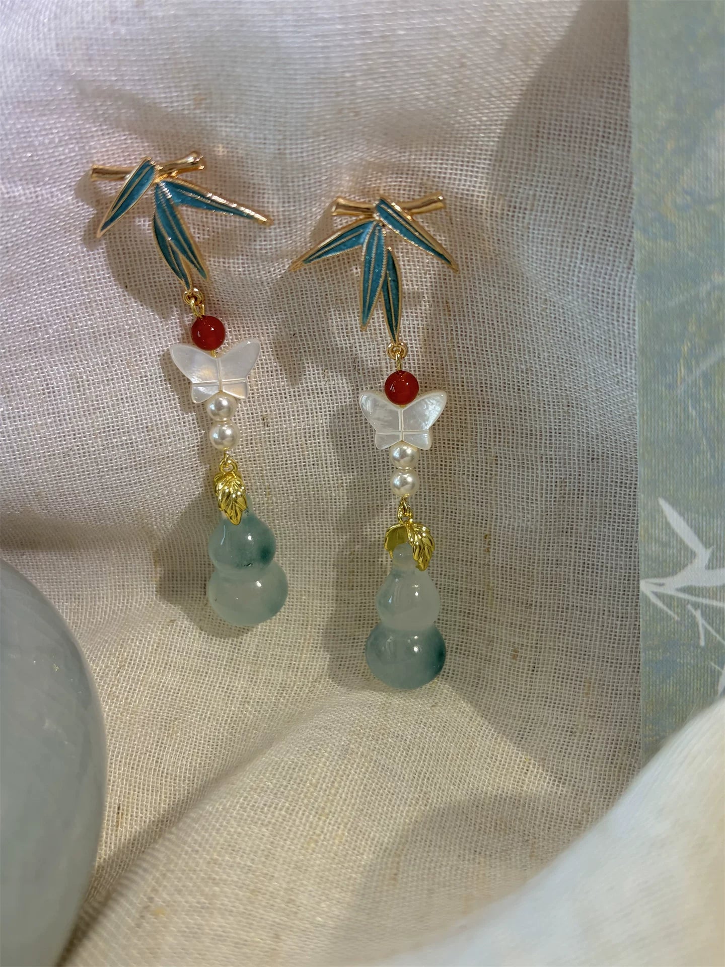 Mother-of-Pearl Butterfly & Blue Gourd Tassel Earrings – Elegant Handcrafted Statement Earrings for Women