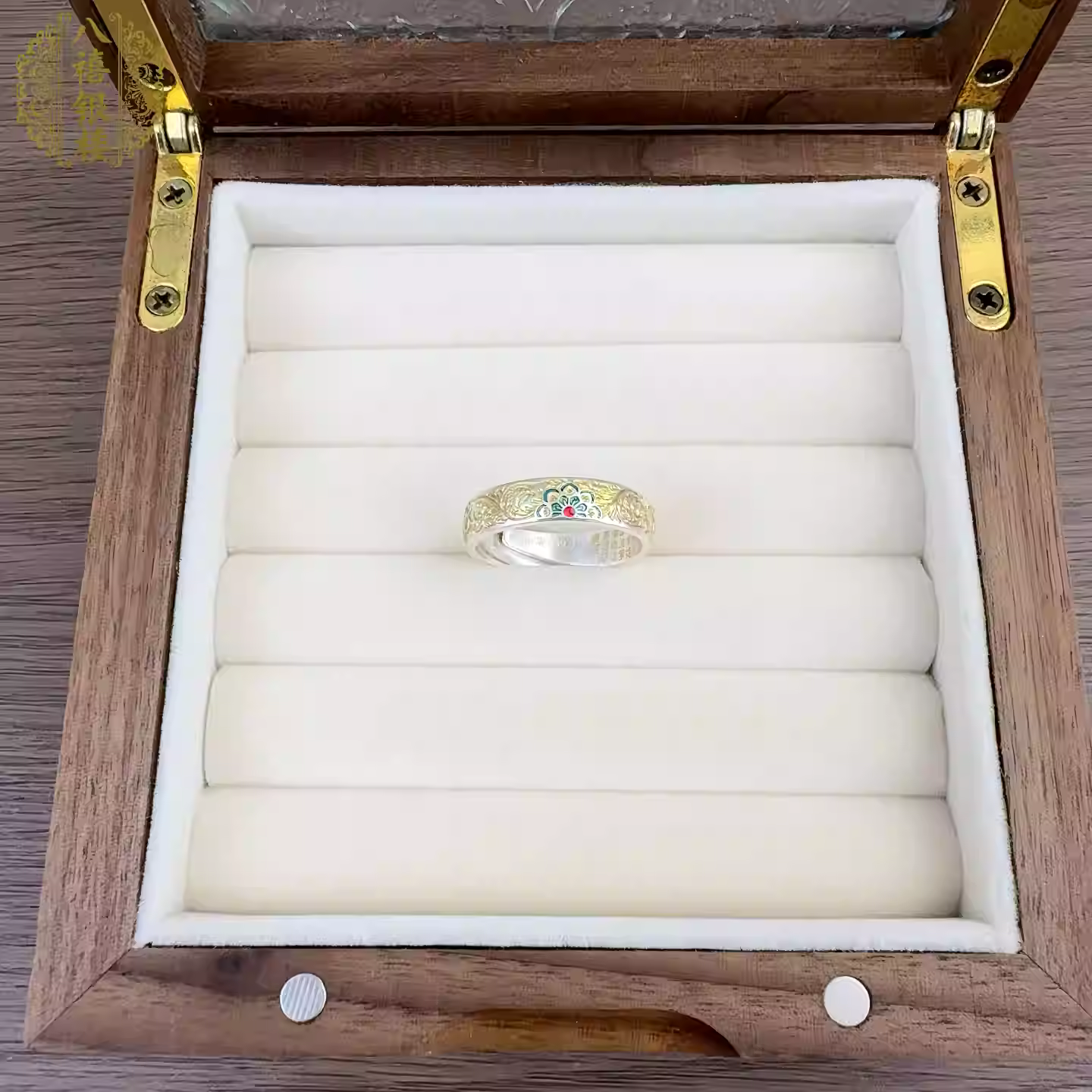 Sterling Silver Adjustable Heart Sutra Ring – Gold Enamel Floral & Scroll Design, Ethnic Style