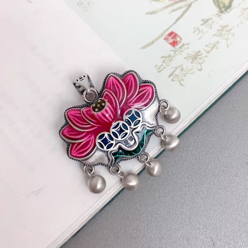 990 Sterling Silver Pink Lotus Tassel Necklace – Ethnic Style Handcrafted Pendant for Women