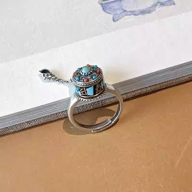 Rotatable Six-Character Mantra Tassel Ring with Red Agate – Adjustable New Chinese Style