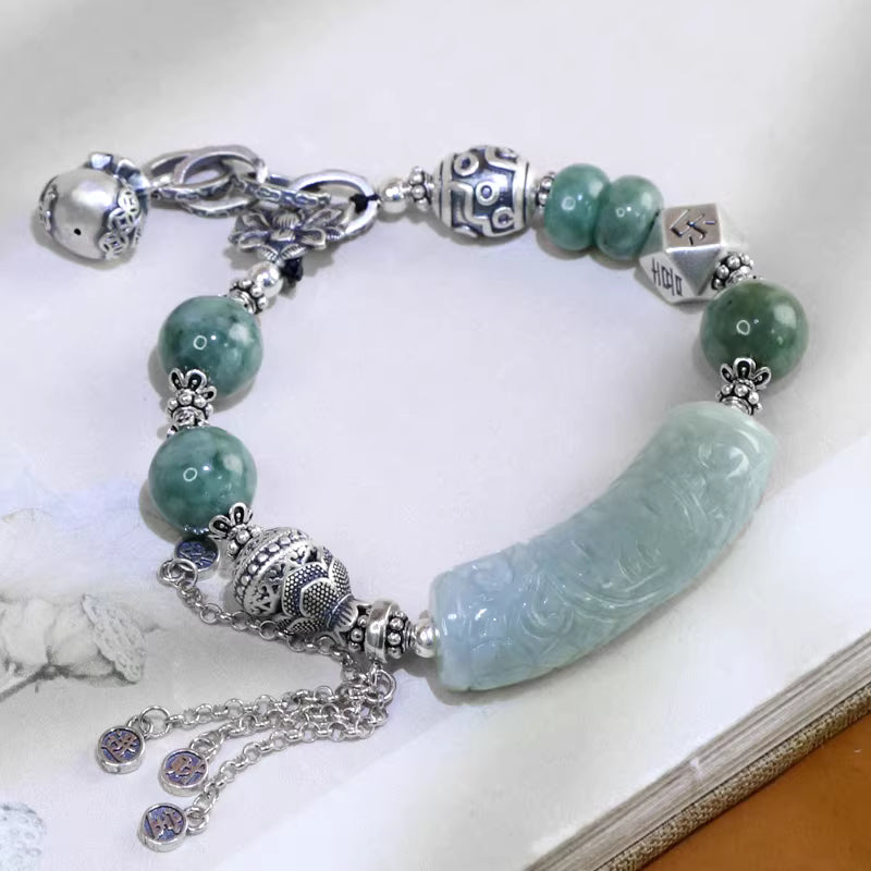 Jade Curved Tube Bracelet with Lucky Pouch and Tassels – Prosperity and Peace Beads
